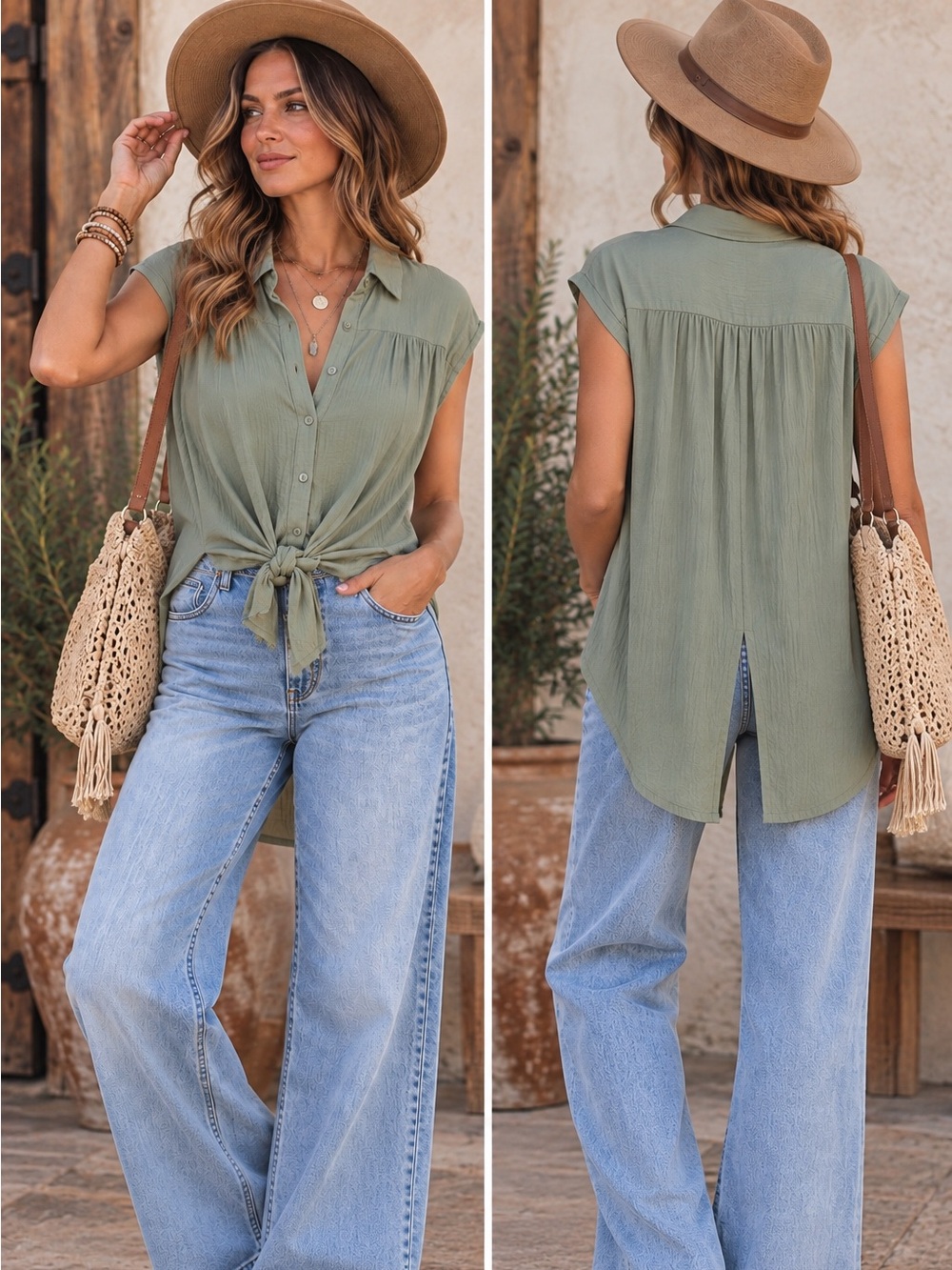 ALL : ROW Boho Chic Coastal Moss Green Gauze Tie Front Top Size M